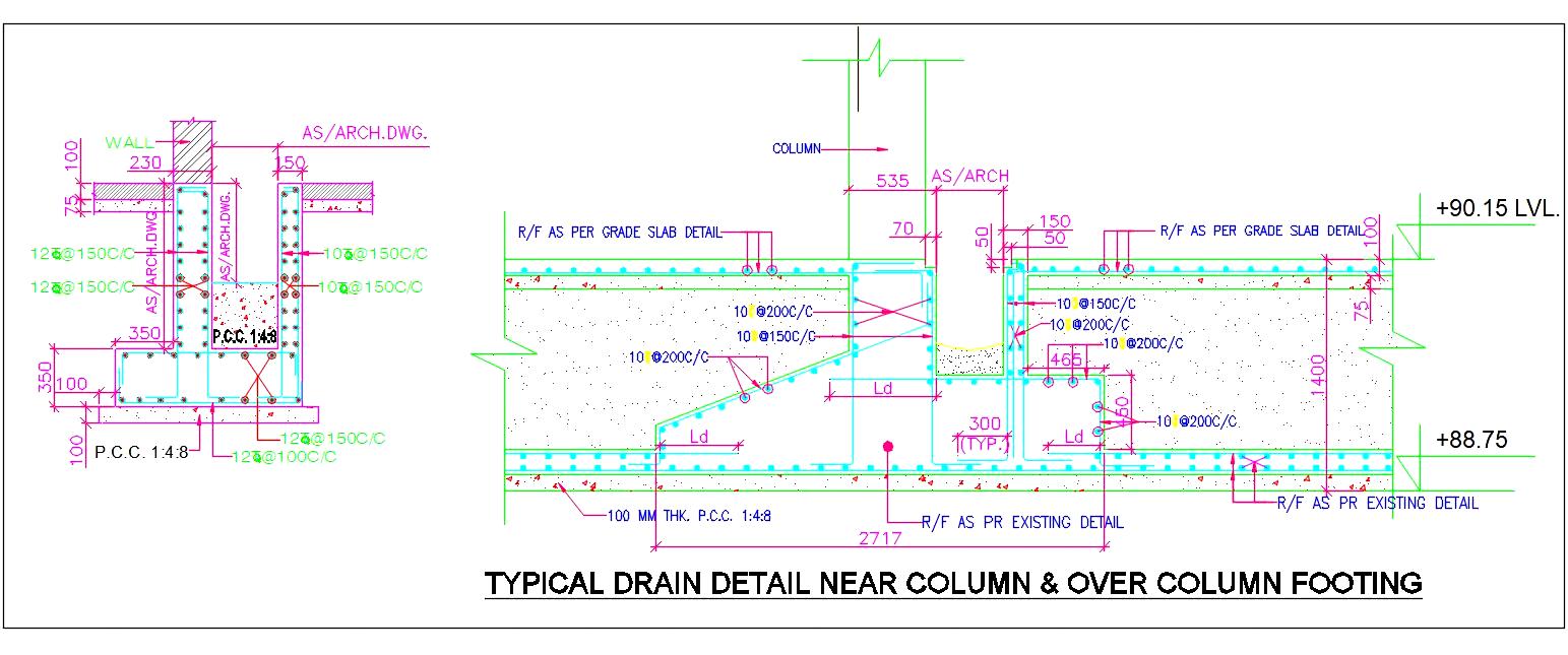 R.C.C. Column Footing Drain Design DWG with Detailed Section